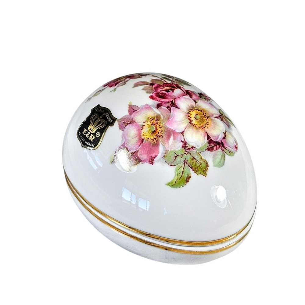 Vintage Gerold Porzellan Golden Crown Wild Roses E&R Egg Trinket Box